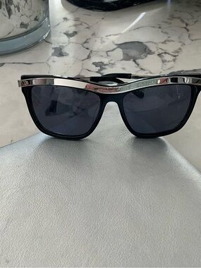 Women's Black Sunglasses with Silver Trim - Modern Shield Style